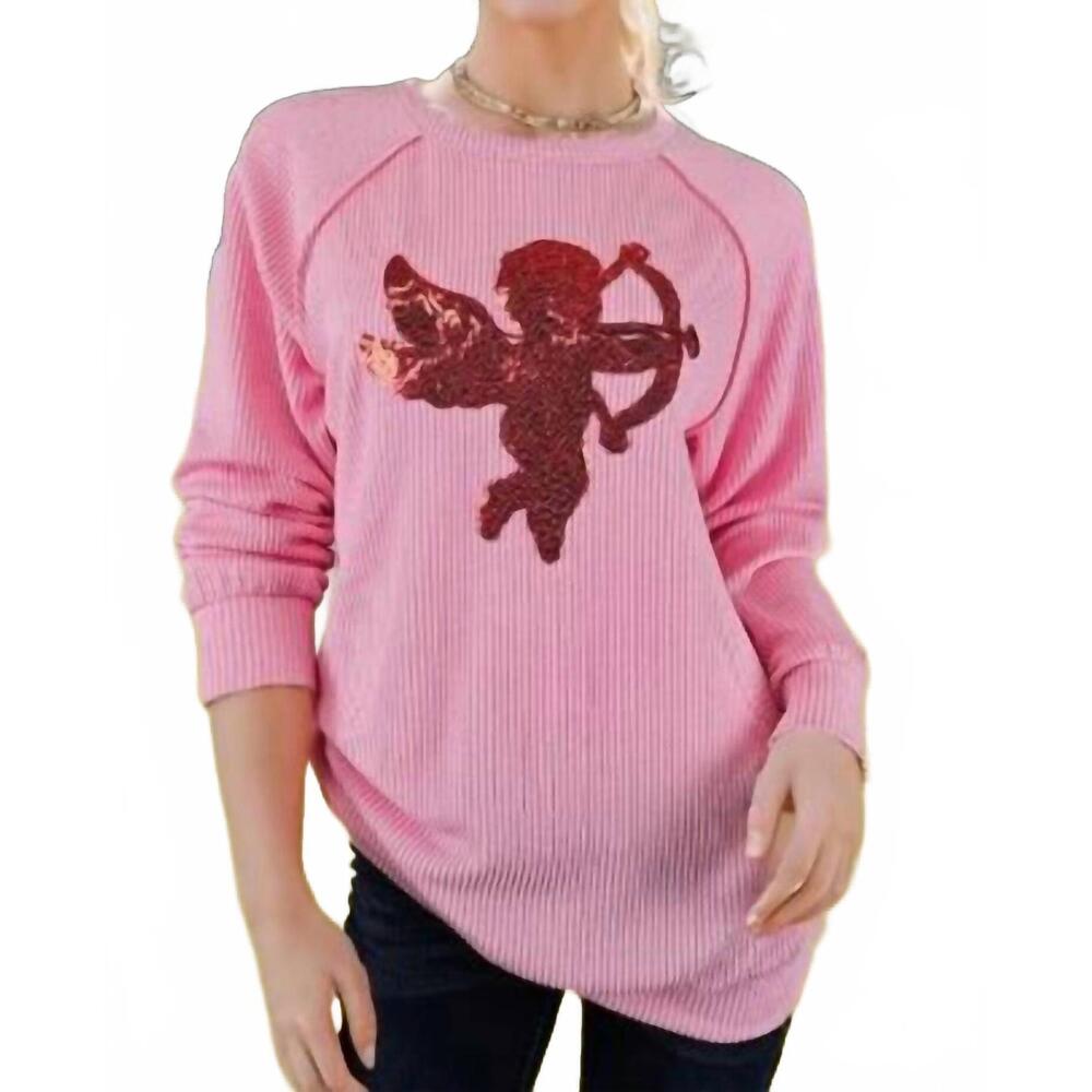 NEW HEIMISH USA puff sleeve solid top with cupid sequins in pink